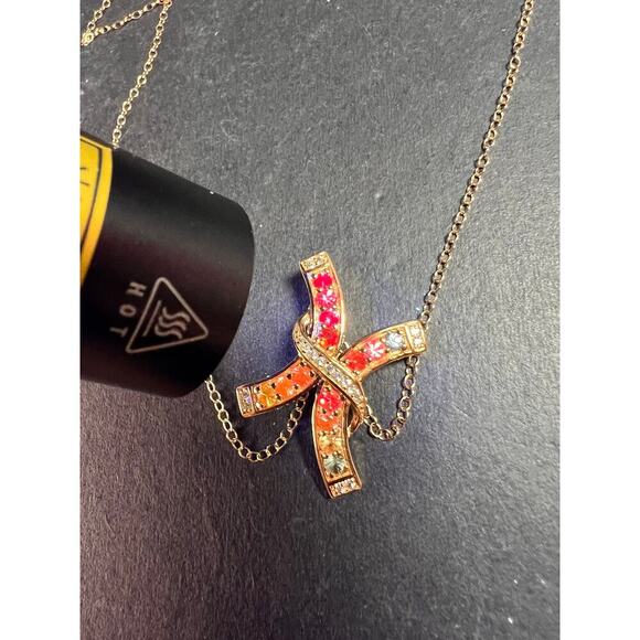 NEW Rainbow sapphire curved cross pendant and chain in gold over sterling silver - Picture 5 of 13